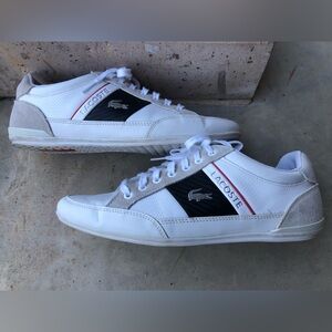 Lacoste Chaymon 120 size 8.5 Men's White Leather Sneakers, black & red stripes